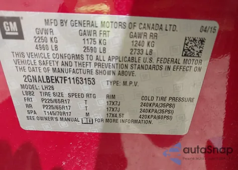 2015 Chevrolet Equinox 1Lt from USA, damaged, VIN 2GNALBEK7F1163153